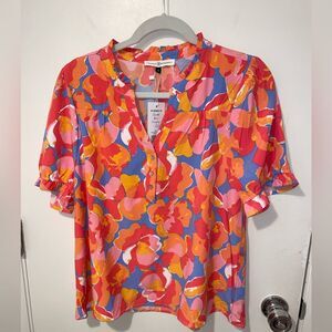 New Michelle McDowell Multicolor Bright Abstract Ruch Sleeve Top blouse shirt M
